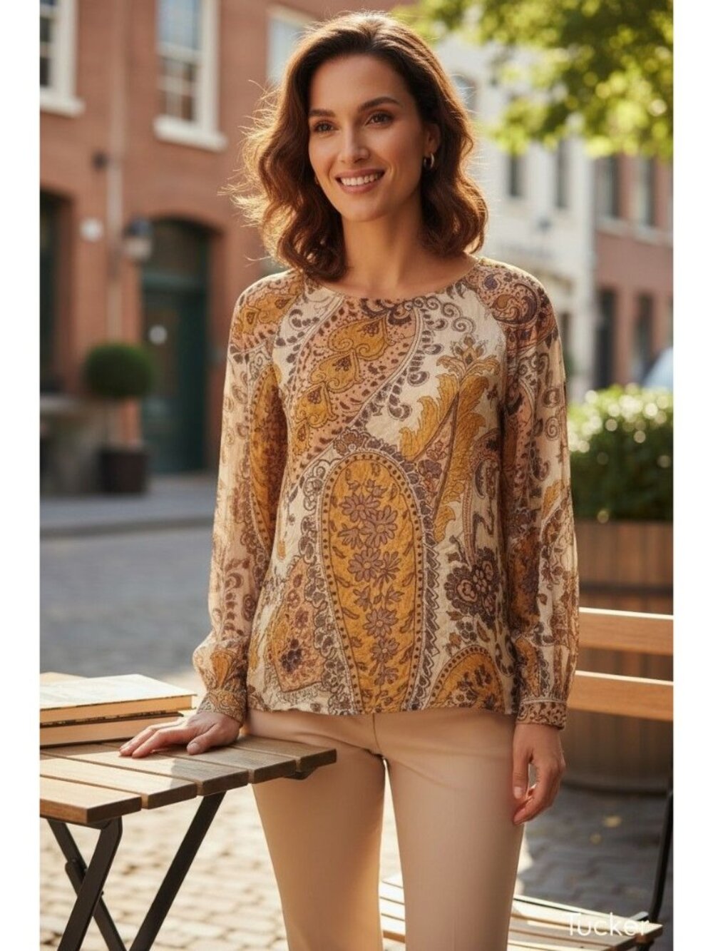 Tucker Gold & Cream Paisley Floral Print Silk Blouse Round Neck Long Sleeve Butt
